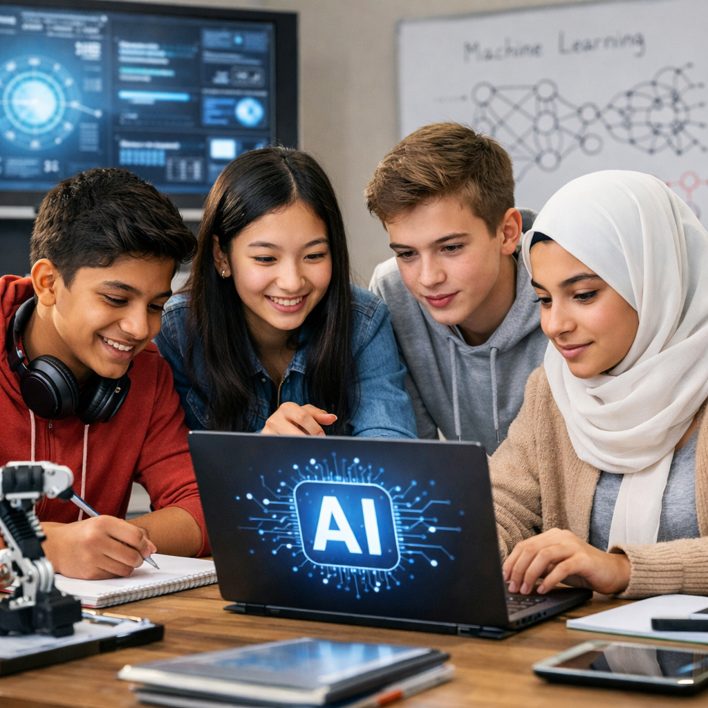 Young teenagers indian asian white arabic showing focus and energy using AI in a classroom setup Young teenagers indian asian white arabic showing focus and energy using AI in a classroom setup