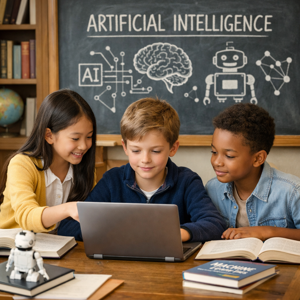 Children studying AI no headphones classy realistic setting-1 Children studying AI no headphones classy realistic setting-1