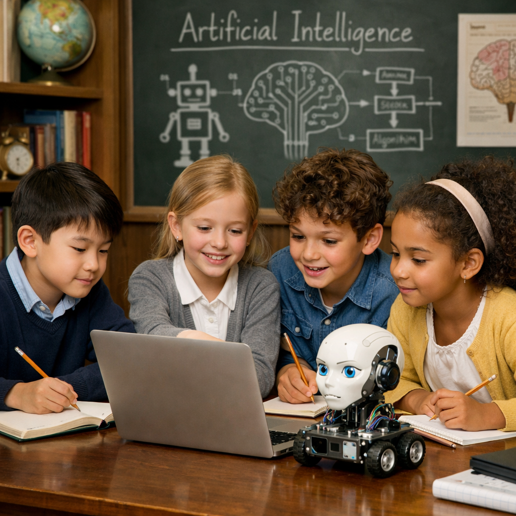 Children studying AI no headphones classy realistic setting Children studying AI no headphones classy realistic setting