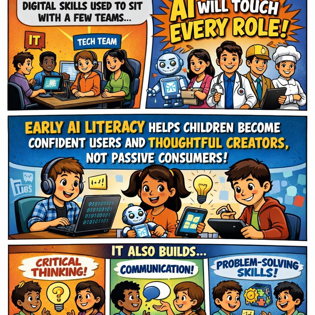 comicbook A cartoontype image re the importance of AI  subtext  Digital skills used to sit with a few teams AI will touch every roleEarly AI literacy-1